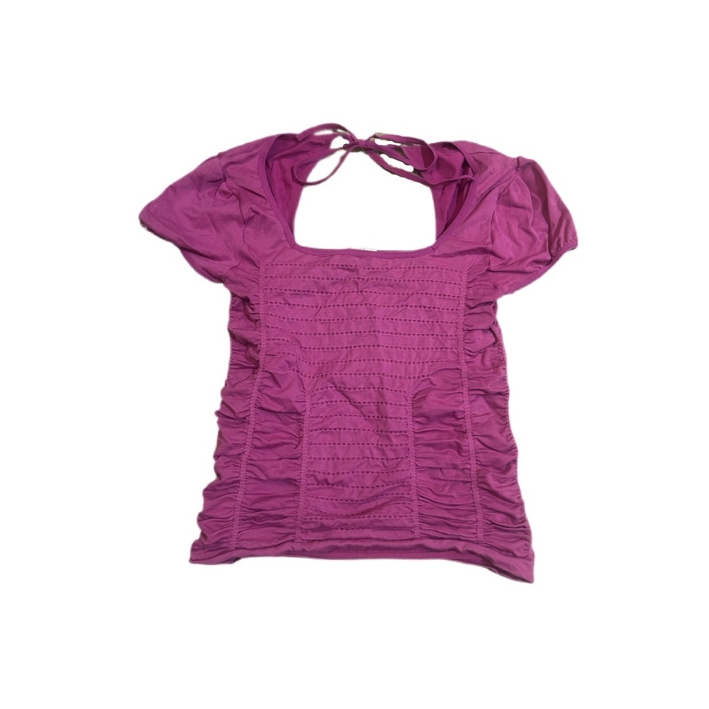 Magenta ruched texture puff sleeves fitted top open tie up back
